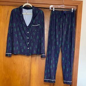 Navy Blue Christmas Tree Pajama Set Top Pants Elastic Waist Holiday Sleepwear